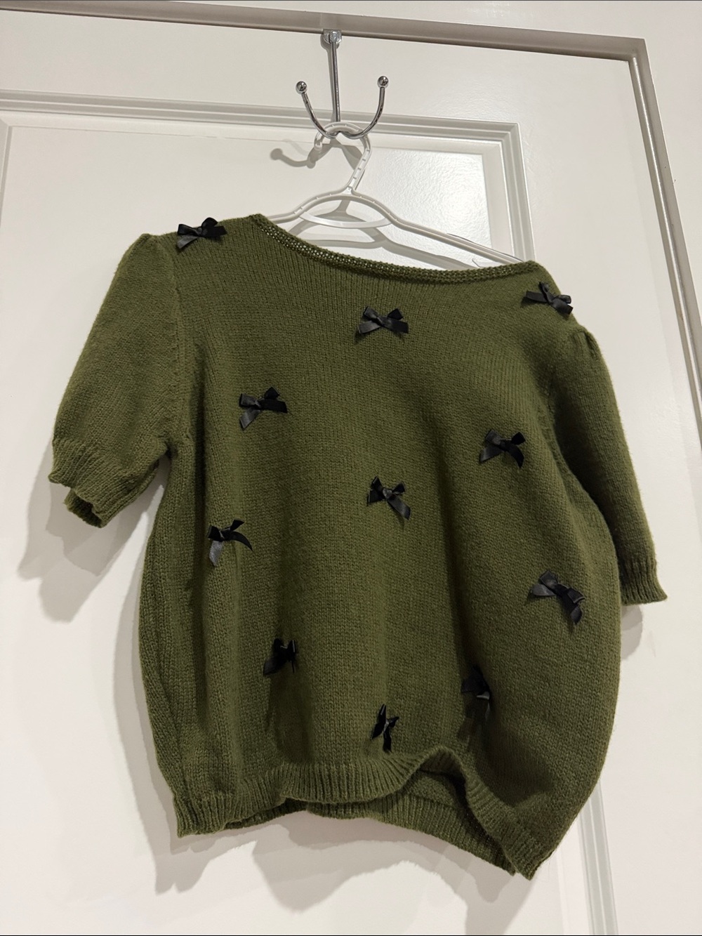 Olive Green Knit Sweater with Black Ribbon Bows